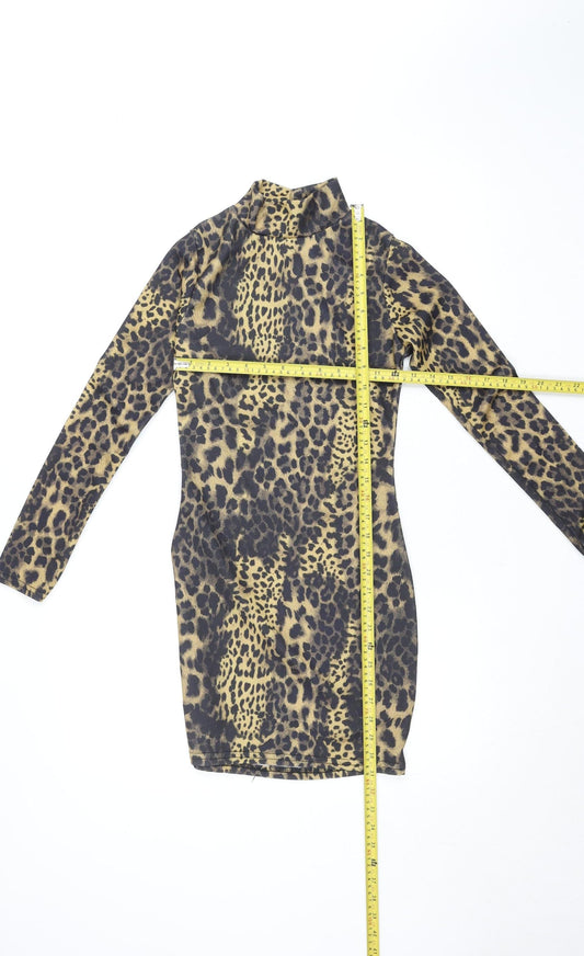 Boohoo Women’s Brown Leopard Print Bodycon Dress Size 6 Long Sleeve