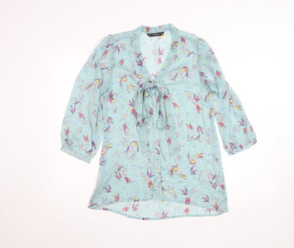 Dunnes Women’s Blue Floral Bird Print Tie Neck Tunic Blouse Size 10