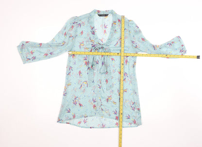 Dunnes Women’s Blue Floral Bird Print Tie Neck Tunic Blouse Size 10