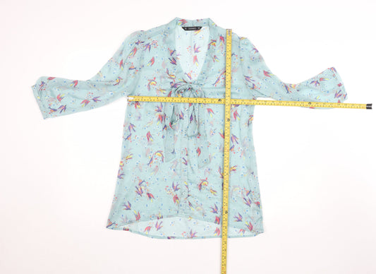 Dunnes Women’s Blue Floral Bird Print Tie Neck Tunic Blouse Size 10