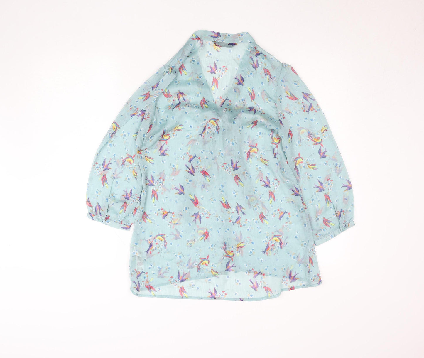 Dunnes Women’s Blue Floral Bird Print Tie Neck Tunic Blouse Size 10