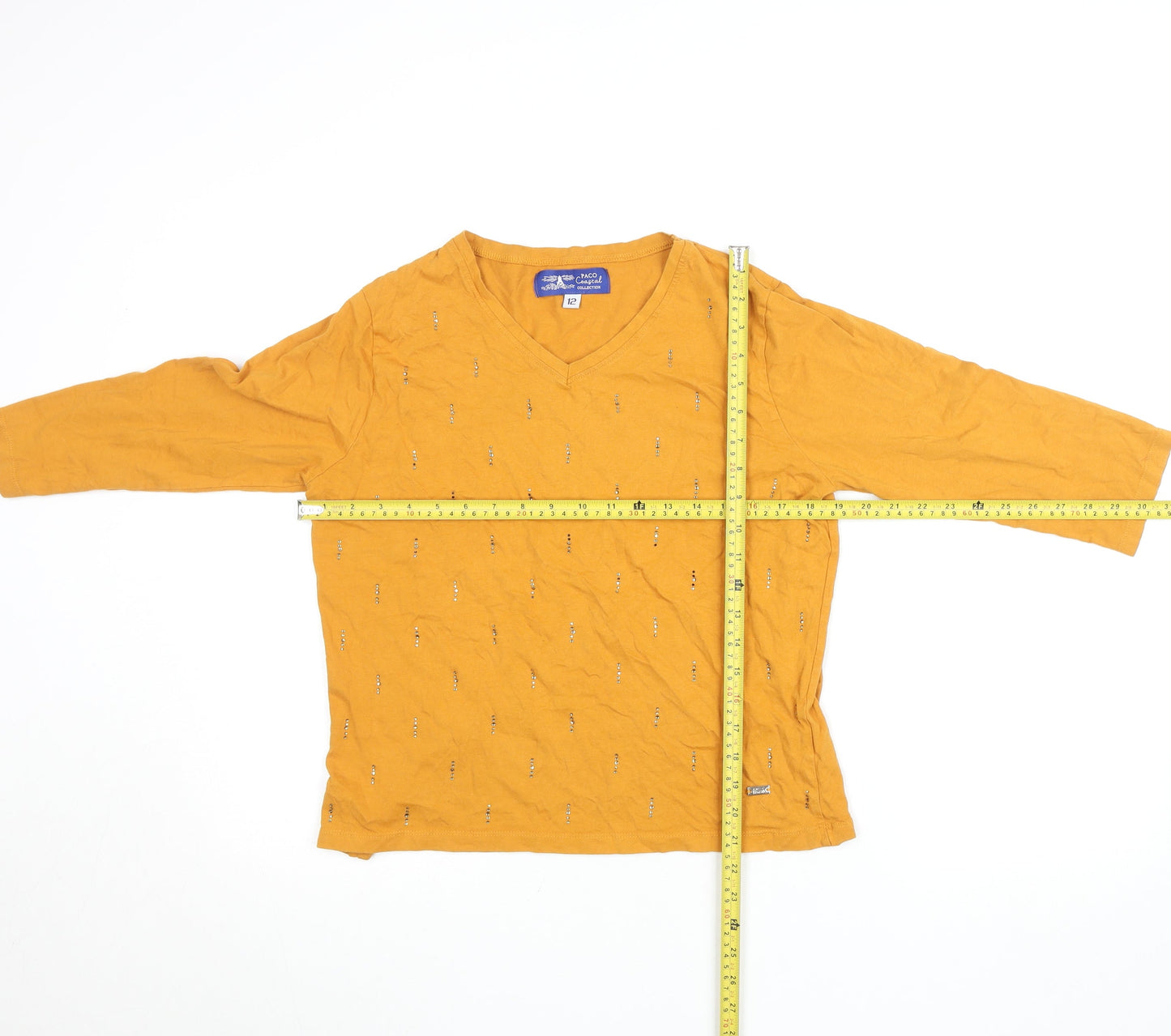 Womens UK Size 12 PACO Yellow Basic T-Shirt