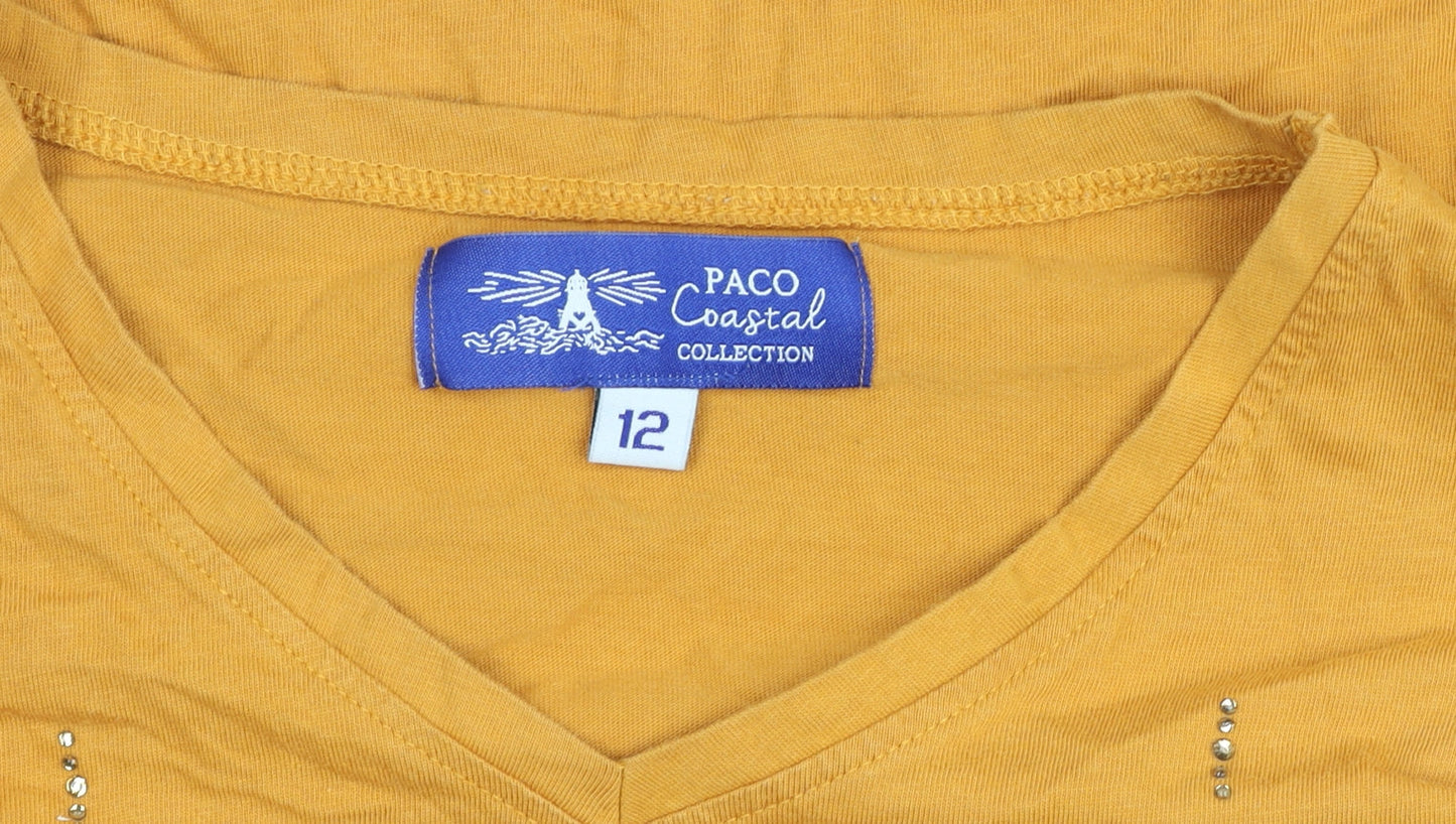 Womens UK Size 12 PACO Yellow Basic T-Shirt