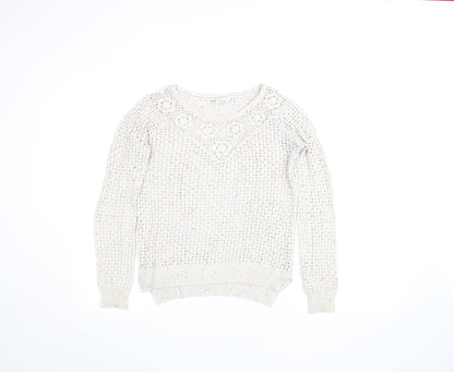 Fat Face Women Beige Open Knit Cotton Jumper Size 10