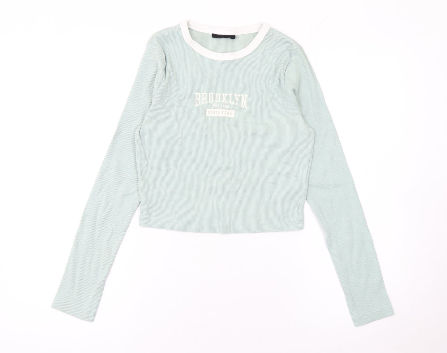 F&F Women's Green Cropped Long Sleeve Brooklyn T-Shirt UK 12