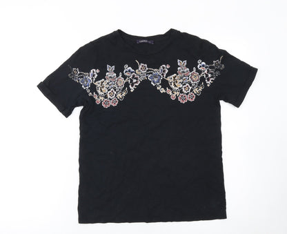 Marks and Spencer Women's Black Embroidered Floral T-Shirt Size 8