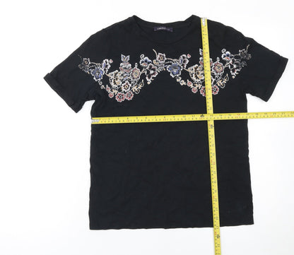 Marks and Spencer Women's Black Embroidered Floral T-Shirt Size 8