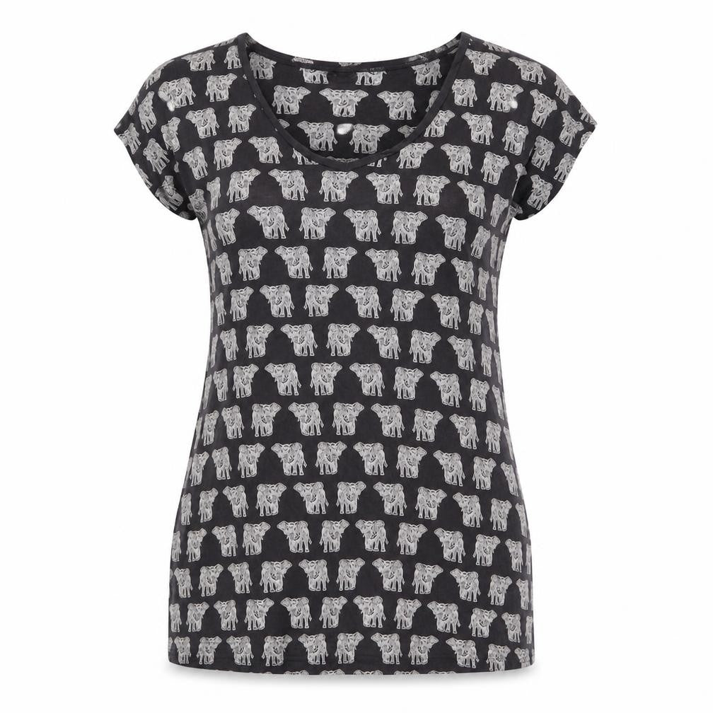 FatFace Women Black Elephant Print V-Neck Short Sleeve T-Shirt Size 8