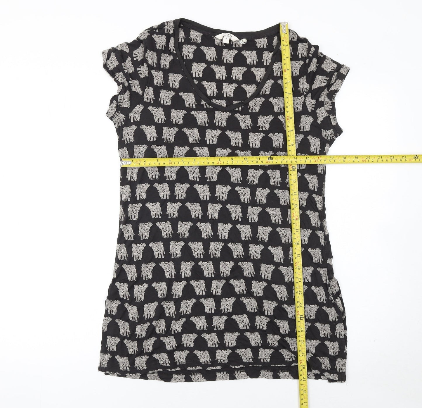 FatFace Women Black Elephant Print V-Neck Short Sleeve T-Shirt Size 8