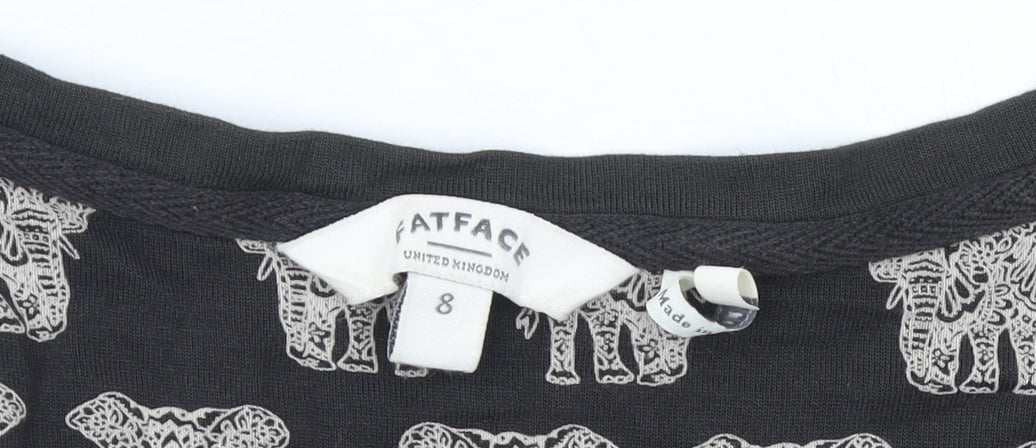 FatFace Women Black Elephant Print V-Neck Short Sleeve T-Shirt Size 8