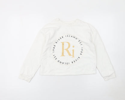 River Island Girls White Gold Logo Sweatshirt 9-10 Years Cotton Blend