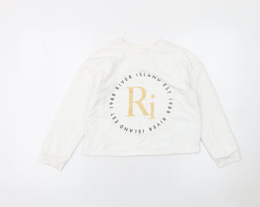 River Island Girls White Gold Logo Sweatshirt 9-10 Years Cotton Blend