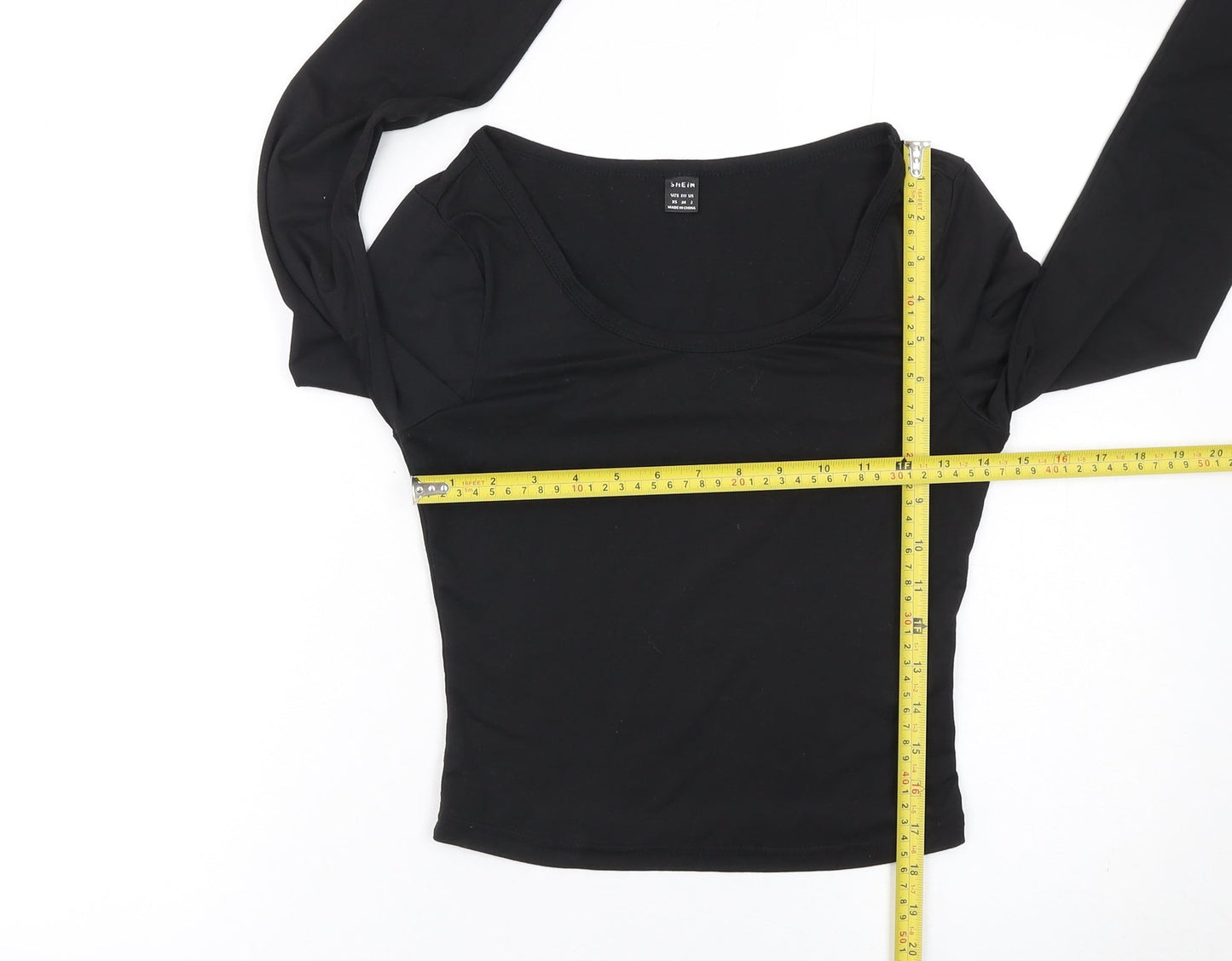 SHEIN Women Black XS Cropped Long Sleeve Slim Fit Scoop Neck Top