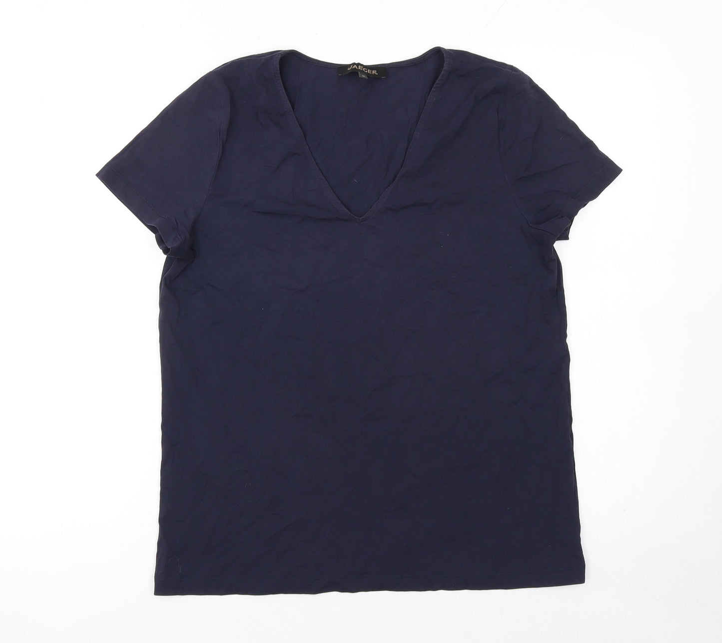 Jaeger Women Blue Basic V-Neck Cotton Short Sleeve T-Shirt M