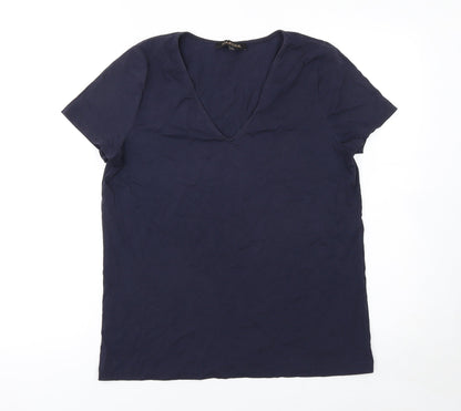 Jaeger Women Blue Basic V-Neck Cotton Short Sleeve T-Shirt M
