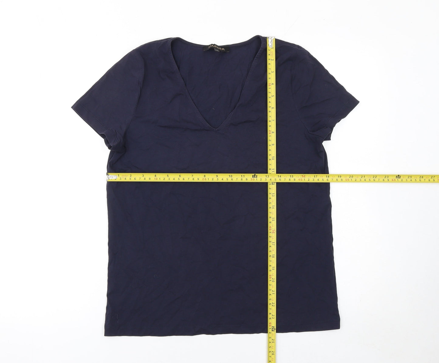 Jaeger Women Blue Basic V-Neck Cotton Short Sleeve T-Shirt M