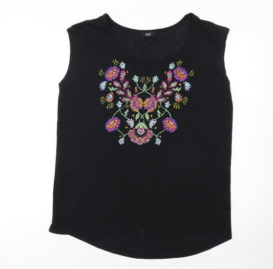 F&F Women's Black Floral Embroidered Sleeveless Tank Top Size 14