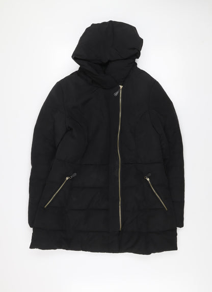 Dunnes Women's Black Hooded Mid-Length Puffer Coat Size 12