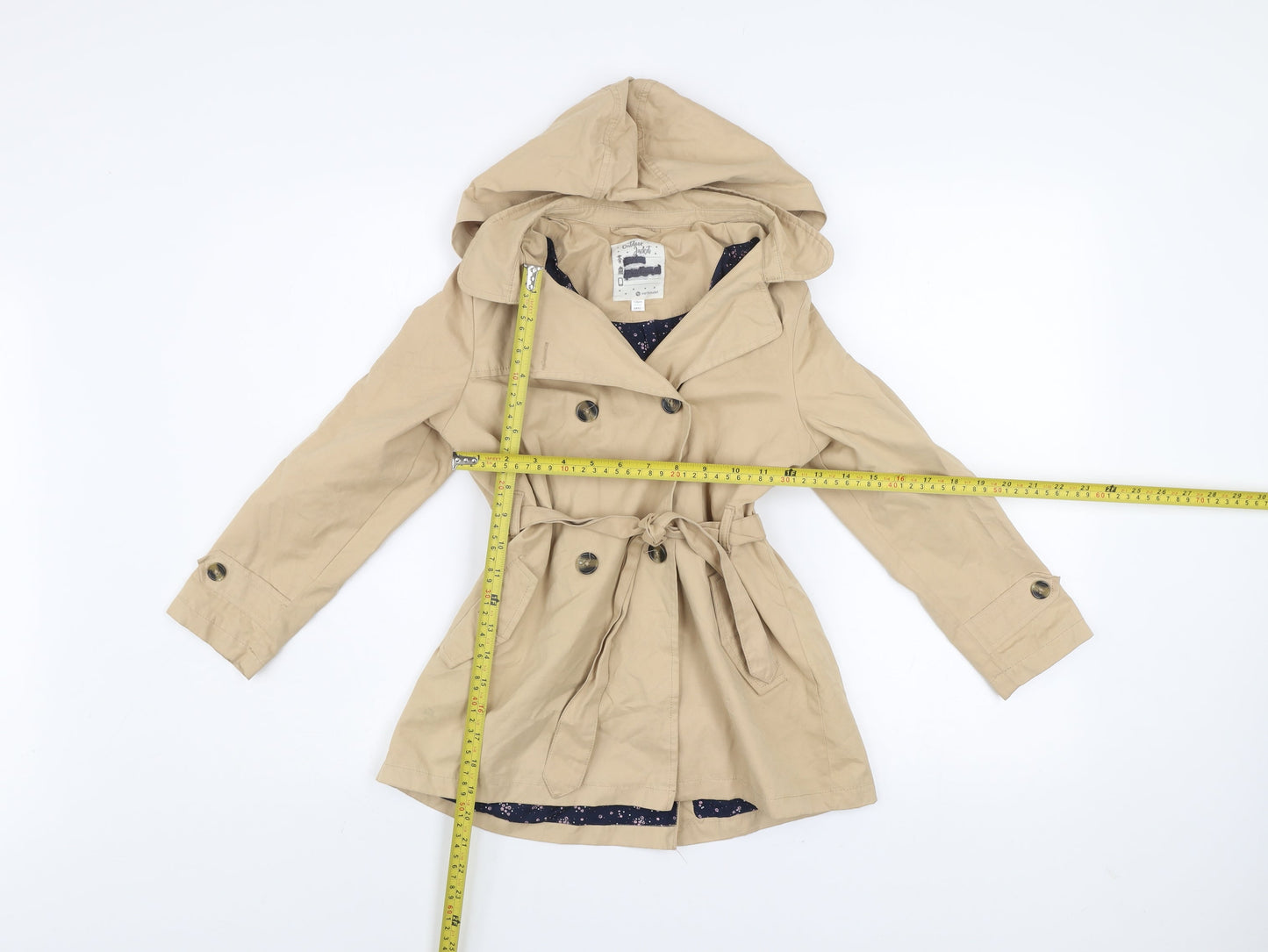 Vertbaudet Girls Beige Hooded Trench Coat 8 Years Belted Double-Breasted