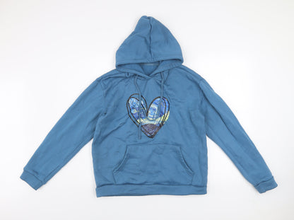 SHEIN Women's Blue Heart Print Pullover Hoodie Size M Polyester