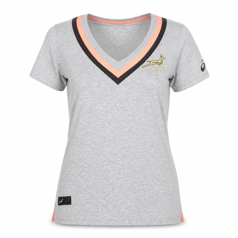 Front view of Asics Women's Grey V-Neck Rugby T-Shirt, size L, Sports Top