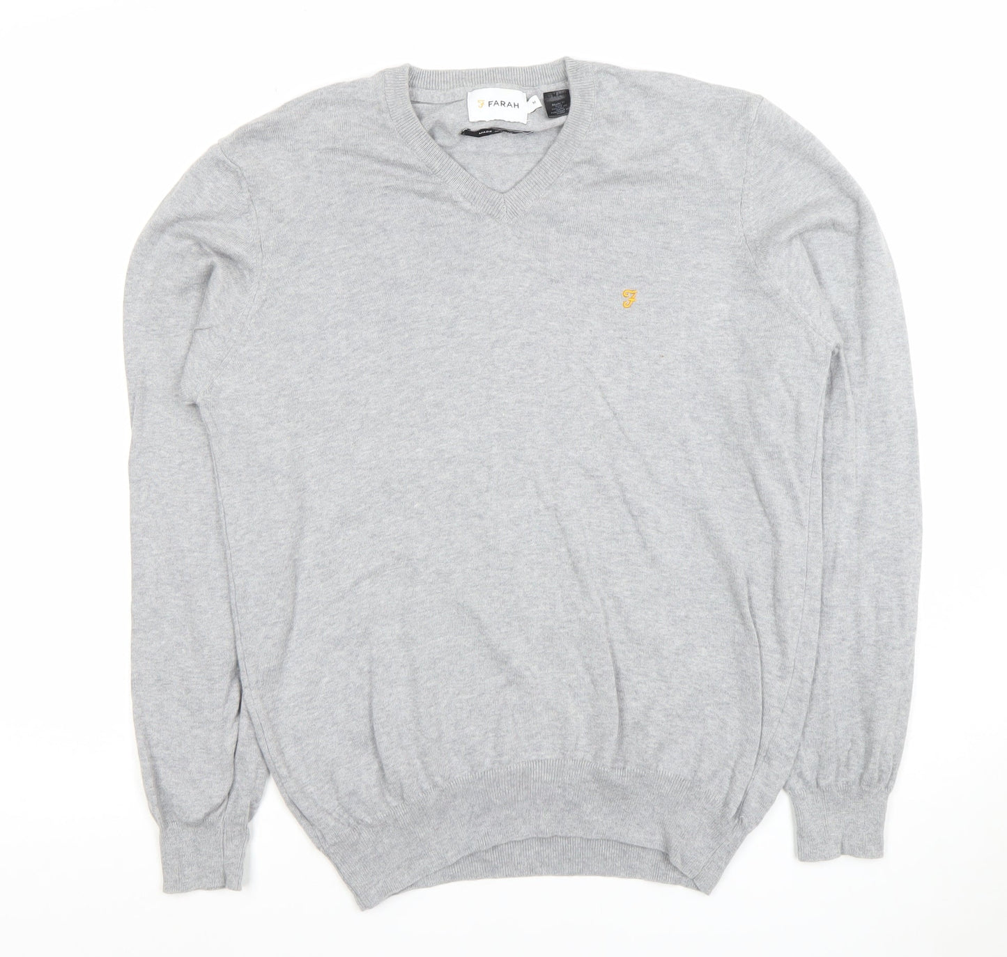Farah Men's Grey Cotton V-Neck Jumper Size M Lightweight Knit