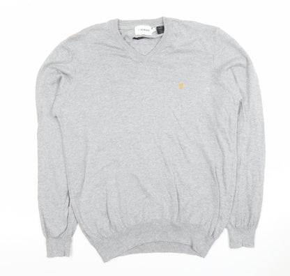 Farah Men's Grey Cotton V-Neck Jumper Size M Lightweight Knit