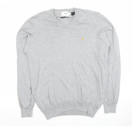 Farah Men's Grey Cotton V-Neck Jumper Size M Lightweight Knit