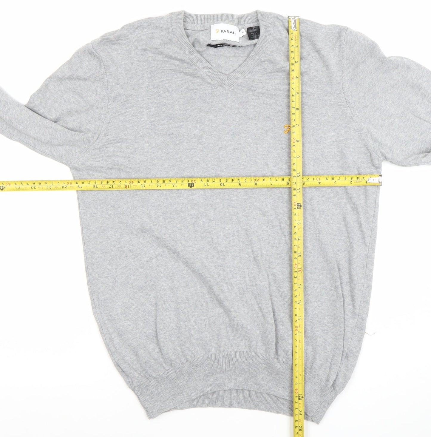 Farah Men's Grey Cotton V-Neck Jumper Size M Lightweight Knit