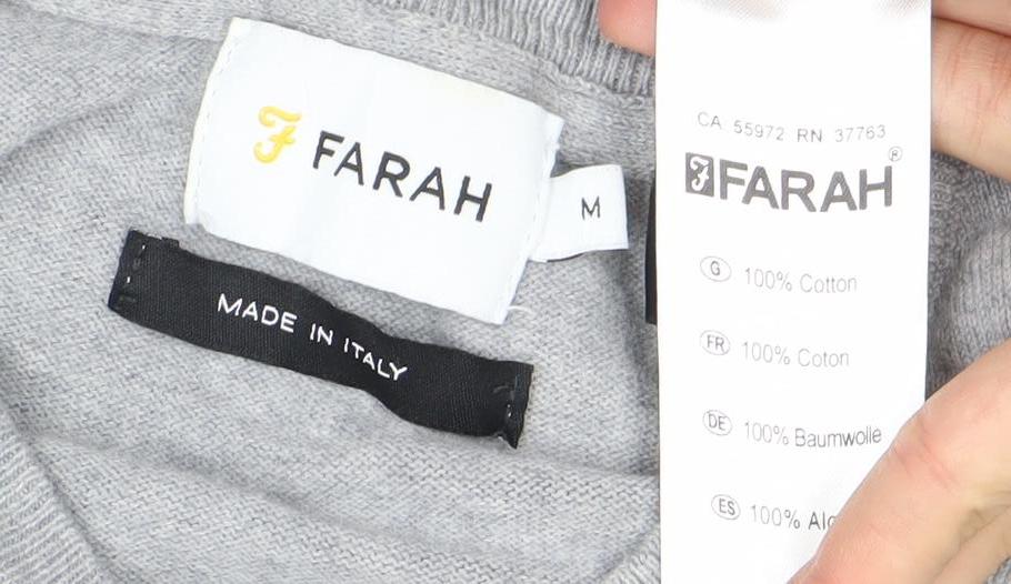 Farah Men's Grey Cotton V-Neck Jumper Size M Lightweight Knit