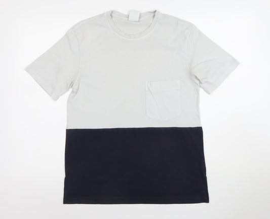 Zara Men Grey Blue Colourblock Cotton Crew Neck T-Shirt Size S