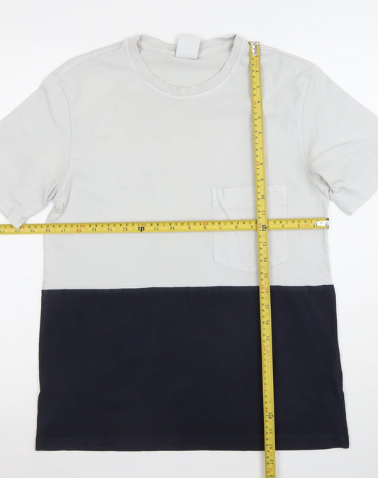 Zara Men Grey Blue Colourblock Cotton Crew Neck T-Shirt Size S