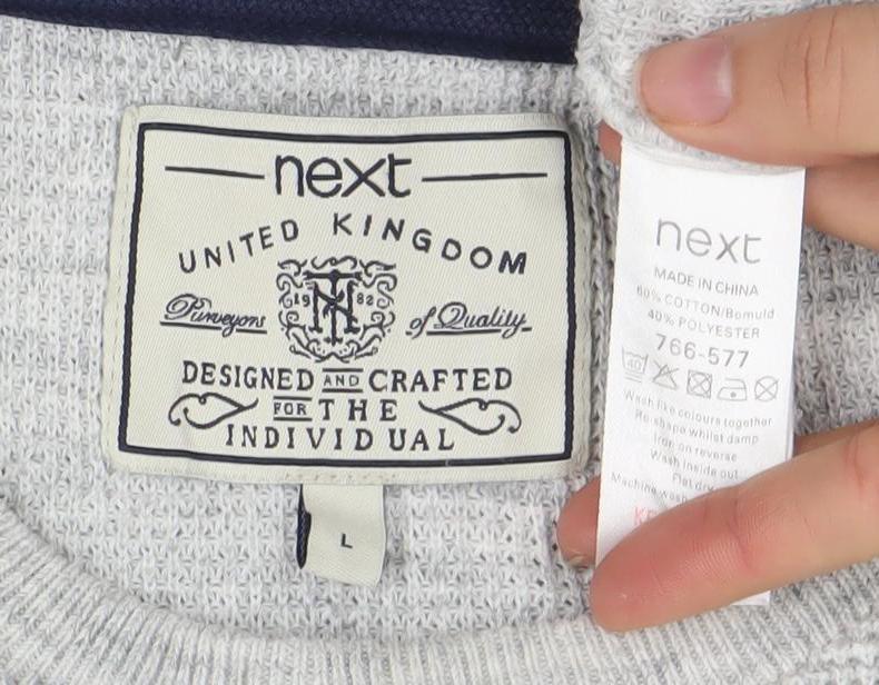 Next Mens Grey Waffle Knit Cotton Blend Crew Neck Jumper Size L