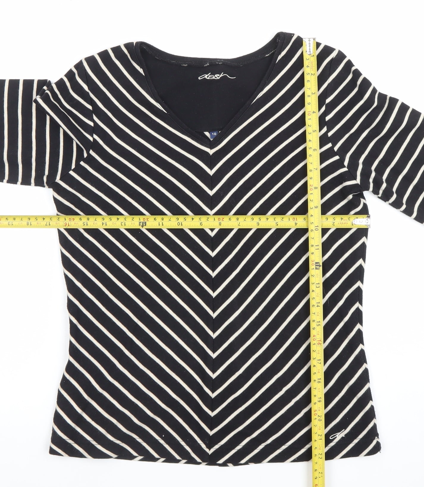 Dash Women’s Black Striped V-Neck 3/4 Sleeve Jersey Top Size 10