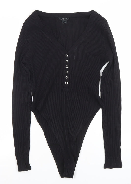 Monki Womens Black Long Sleeve Ribbed V-Neck Bodysuit Size M