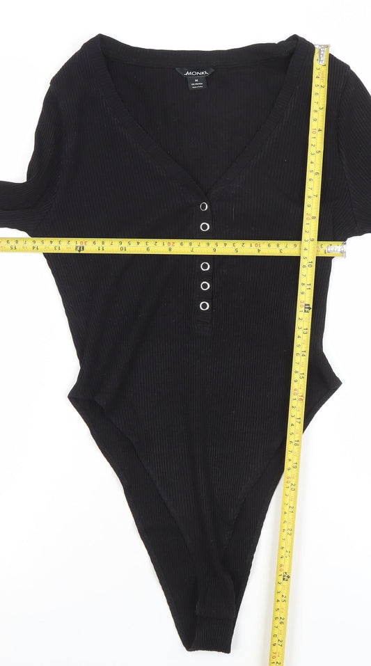 Monki Womens Black Long Sleeve Ribbed V-Neck Bodysuit Size M