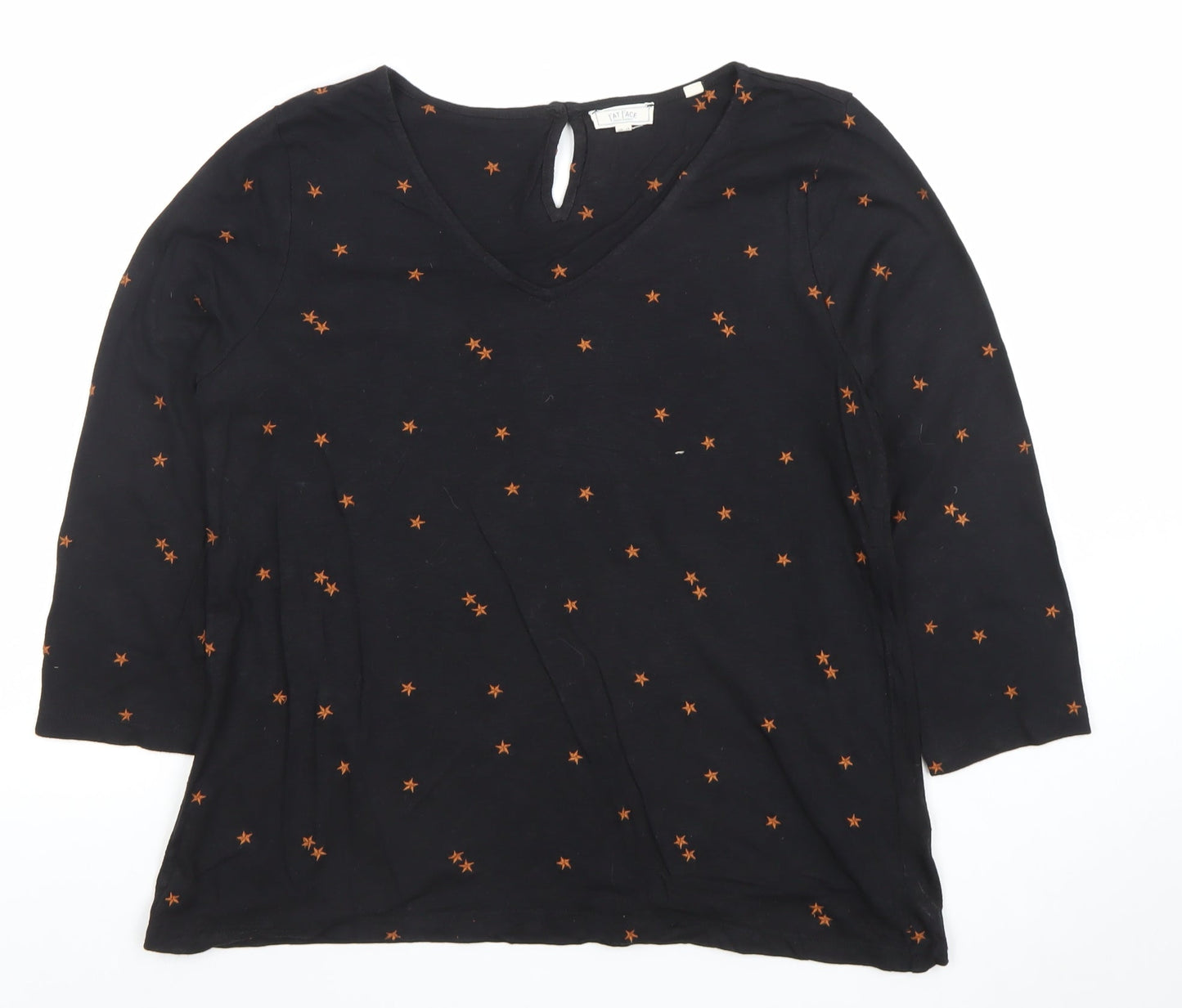 Fat Face Women Black Star Print V-Neck 3/4 Sleeve T-Shirt UK 12