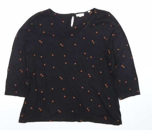 Fat Face Women Black Star Print V-Neck 3/4 Sleeve T-Shirt UK 12