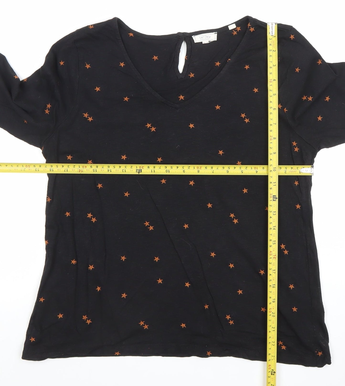 Fat Face Women Black Star Print V-Neck 3/4 Sleeve T-Shirt UK 12