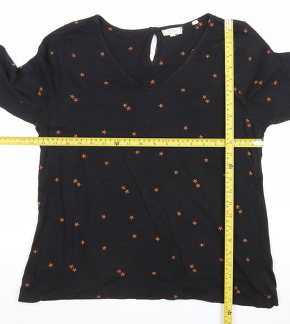 Fat Face Women Black Star Print V-Neck 3/4 Sleeve T-Shirt UK 12
