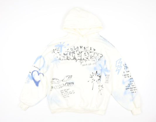 Bershka Womens White Graphic Print Pullover Hoodie Size S