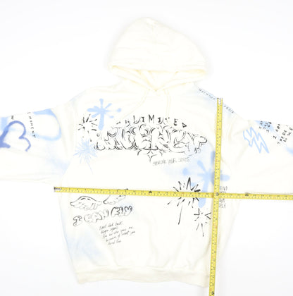 Bershka Womens White Graphic Print Pullover Hoodie Size S