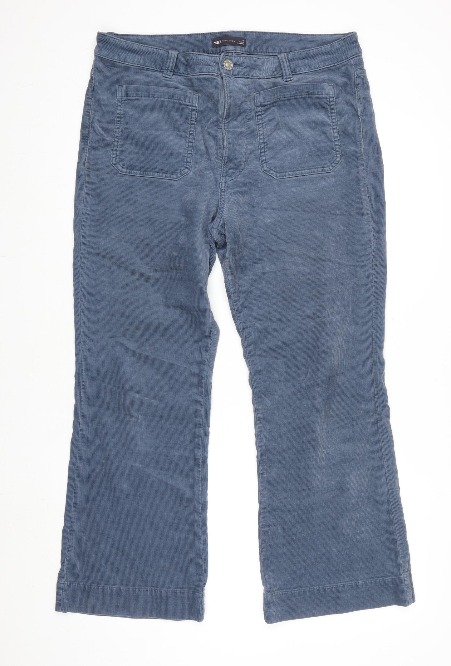 Marks and Spencer Blue Corduroy Straight Leg Trousers Size 16 Regular Fit