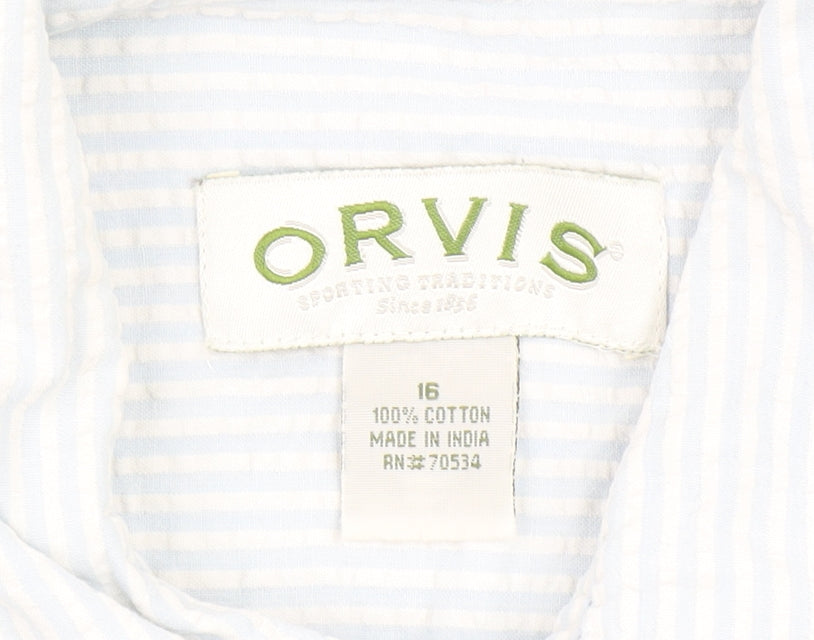 Orvis Women Blue Striped Button-Up Cotton Shirt Size 16