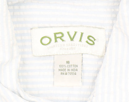 Orvis Women Blue Striped Button-Up Cotton Shirt Size 16