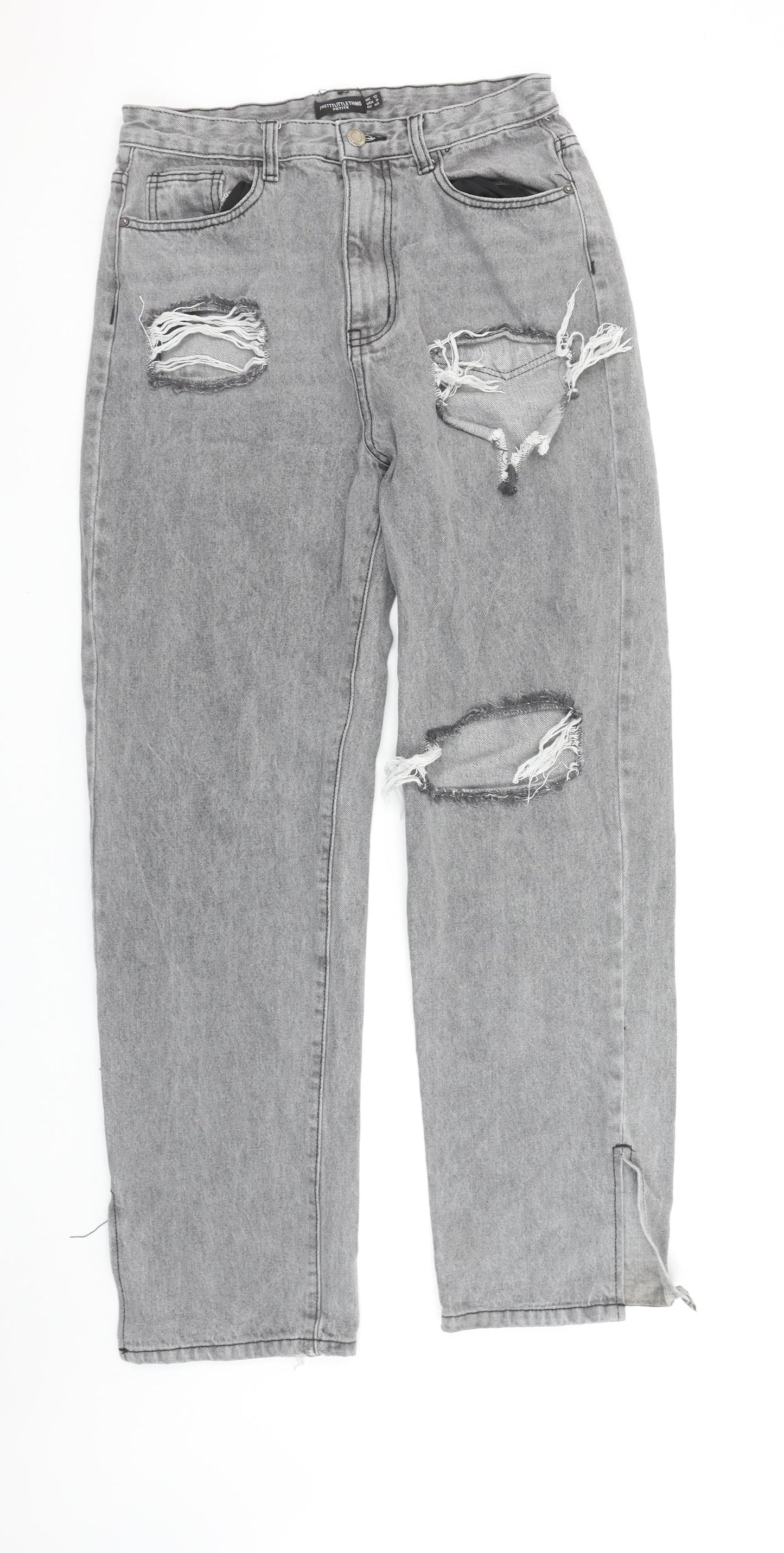 PrettyLittleThing Women’s Grey Distressed Mom Jeans UK 12 Petite