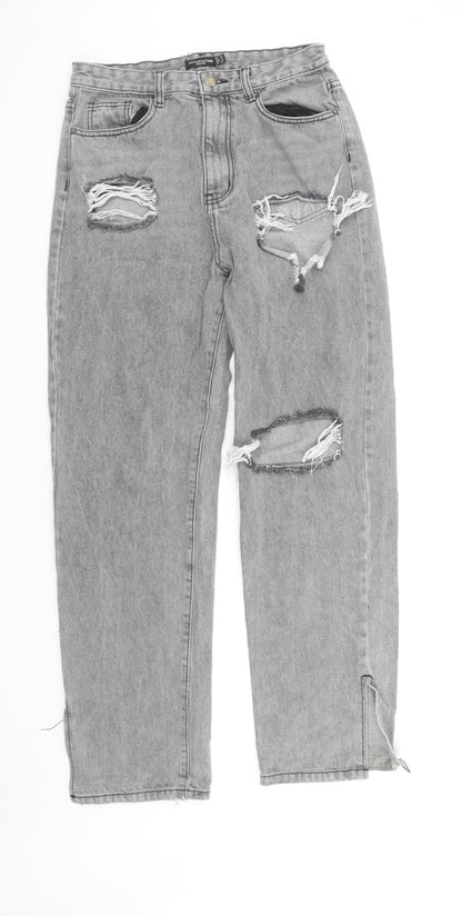 PrettyLittleThing Women’s Grey Distressed Mom Jeans UK 12 Petite