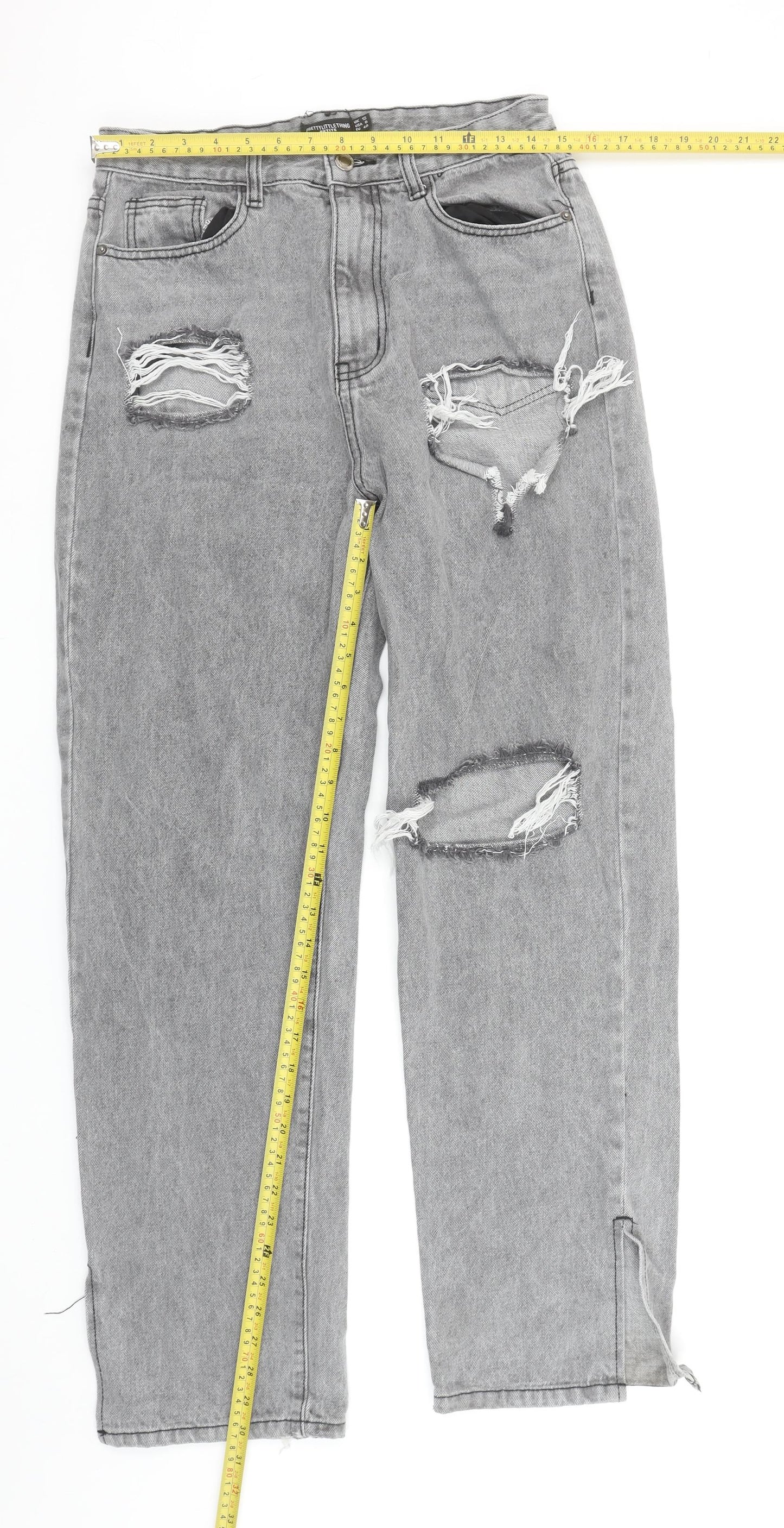 PrettyLittleThing Women’s Grey Distressed Mom Jeans UK 12 Petite