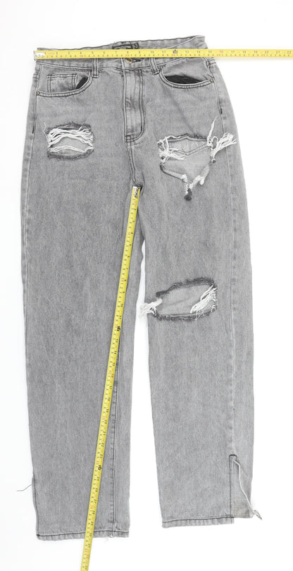 PrettyLittleThing Women’s Grey Distressed Mom Jeans UK 12 Petite