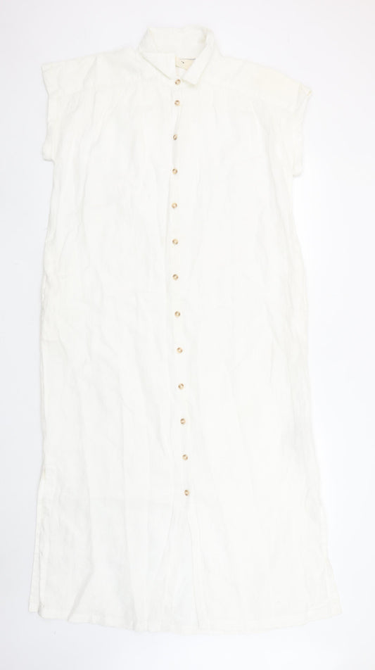 FatFace Women White Linen Shirt Dress Size 10 Short Sleeve Summer